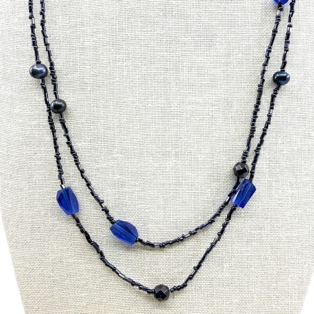 Vintage Black Seed Bead Double Strand Necklace Blue Crystal Black Pearl Accents